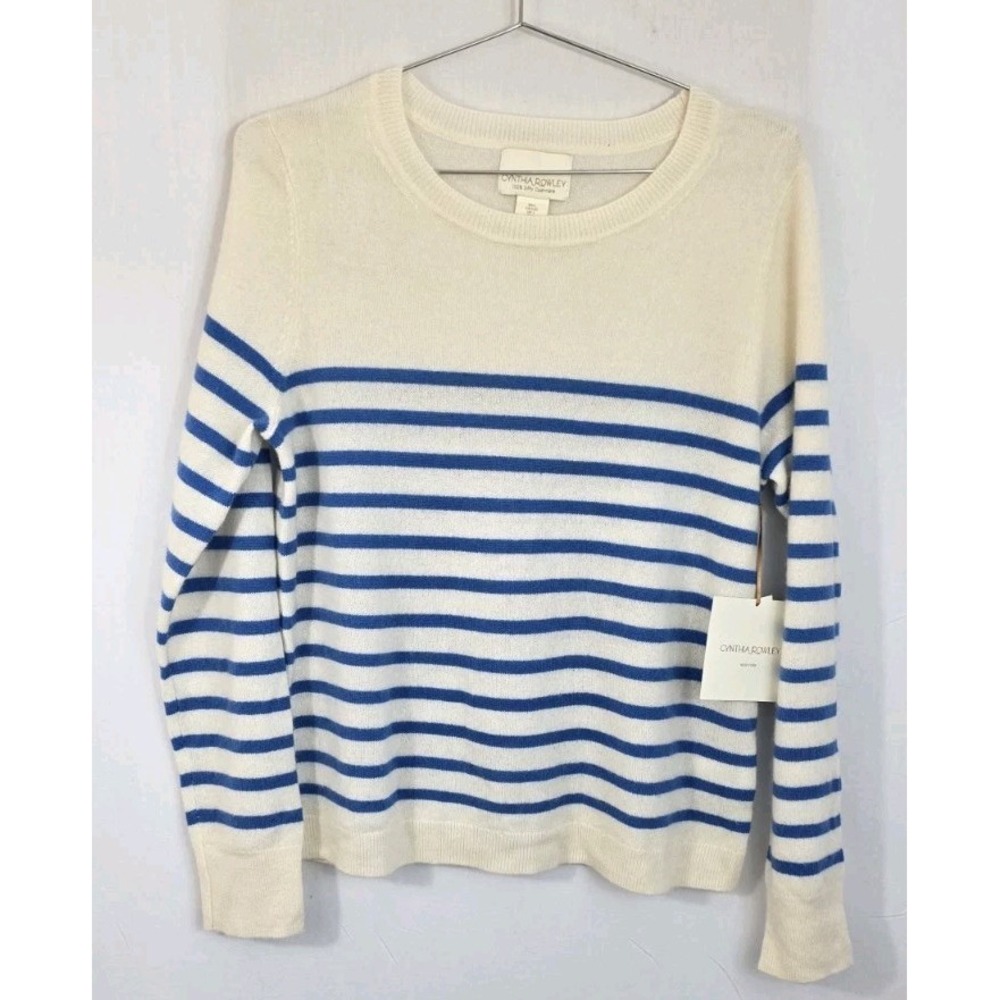 NWT Cynthia Rowley Women's L 100%-2Ply Cashmere Sweater White / Blue Stripes